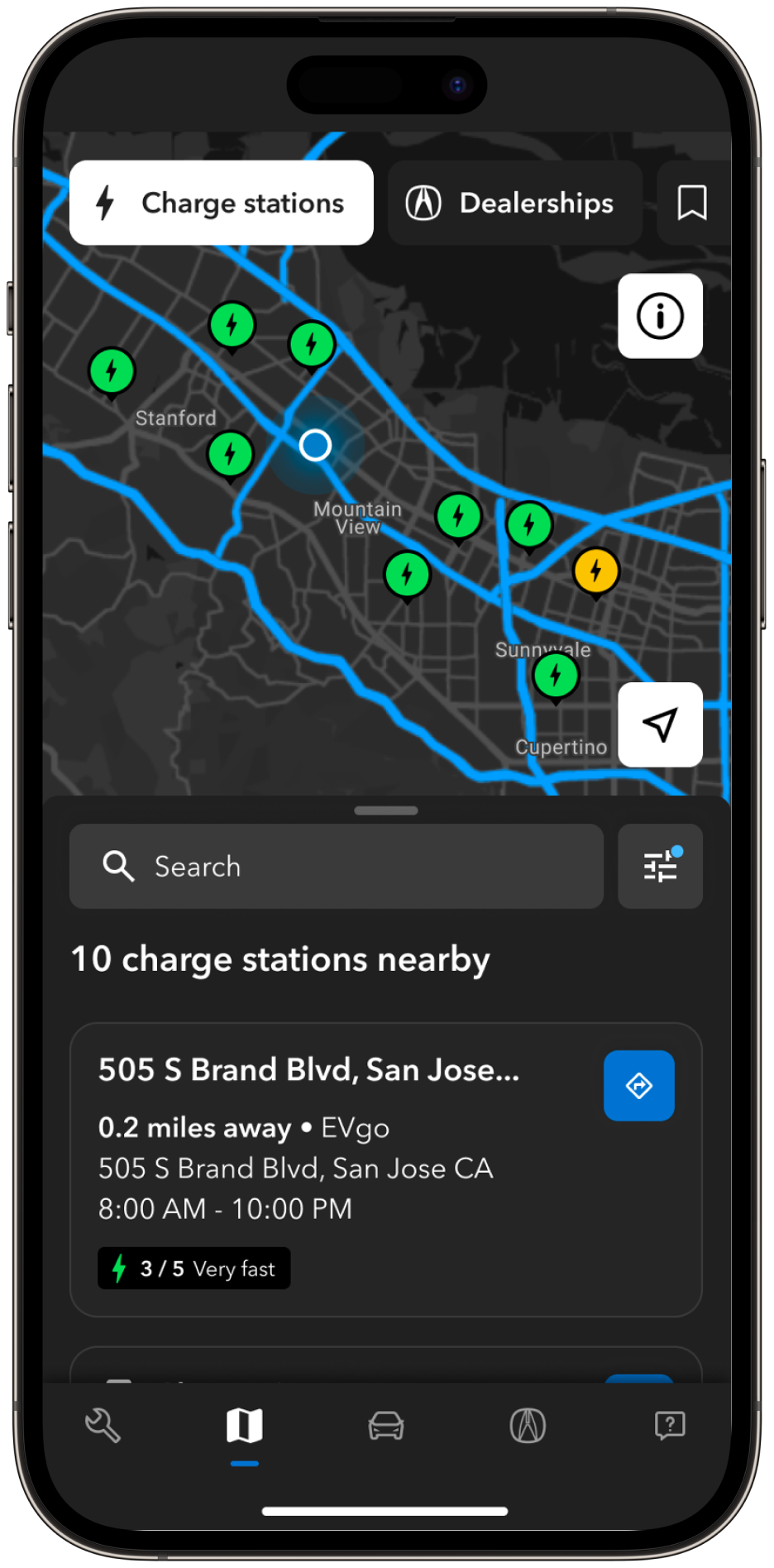 Charge station map with pins colored by availability, above a list of nearby stations showing distance, network, hours, and 3/5 very fast chargers available