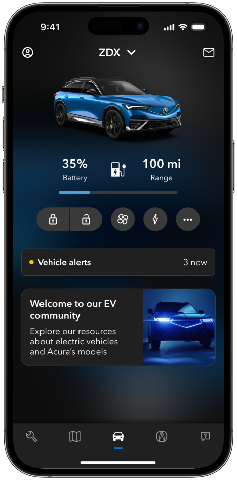 Car dashboard showing battery, range, remote controls and vehicle alerts